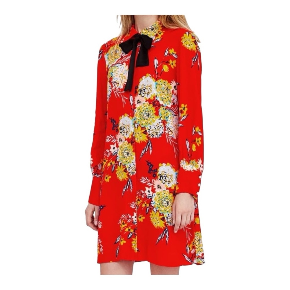 ZARA Red/Orange Floral‎ Bow Collar Long Sleeve Shirt Dress Size XS